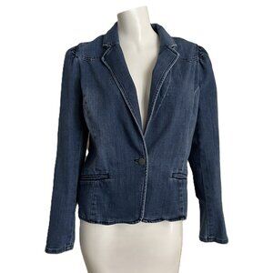 INC Denim Blazer Jean Jacket Women's Blue Large Americana Preppy Classic Stretch